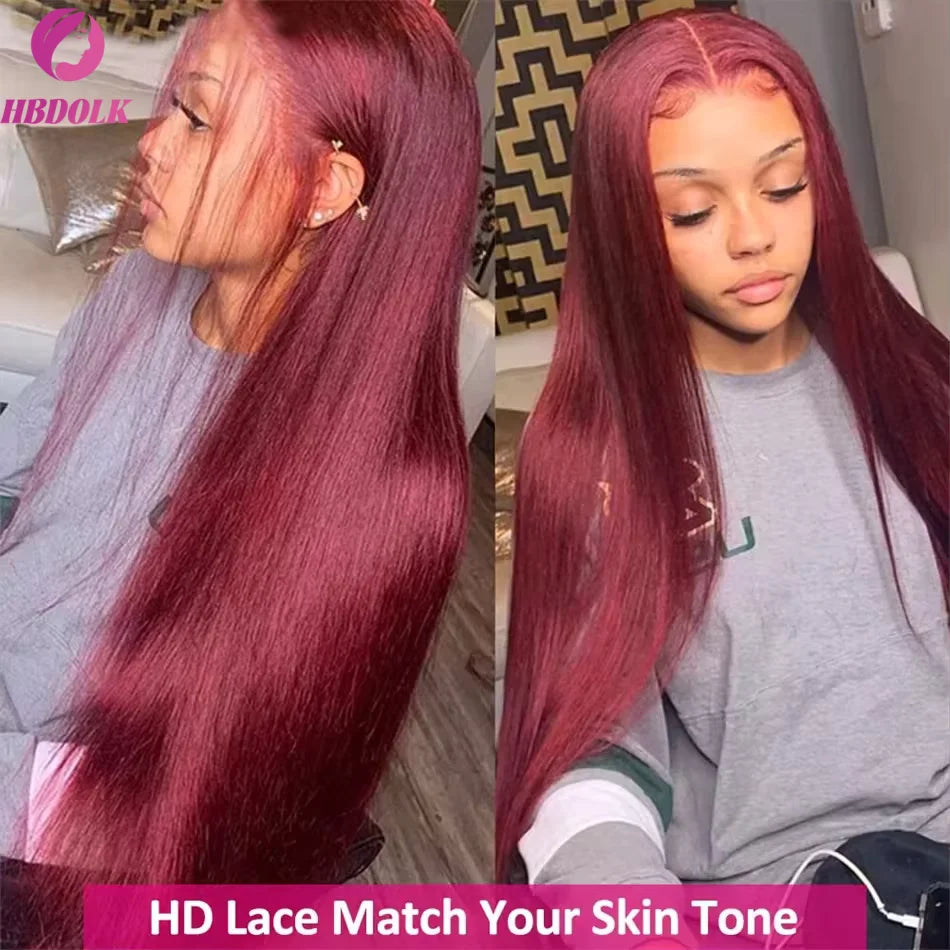 99J Burgundy 13x4 HD Lace Frontal Wig - 30-34" Straight Brazilian Human Hair