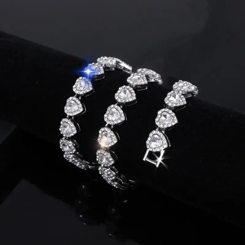 45cm CZ Heart Tennis Chain Set – Shiny Rhinestone Necklace & Bracelet Hip Hop Party Jewelry