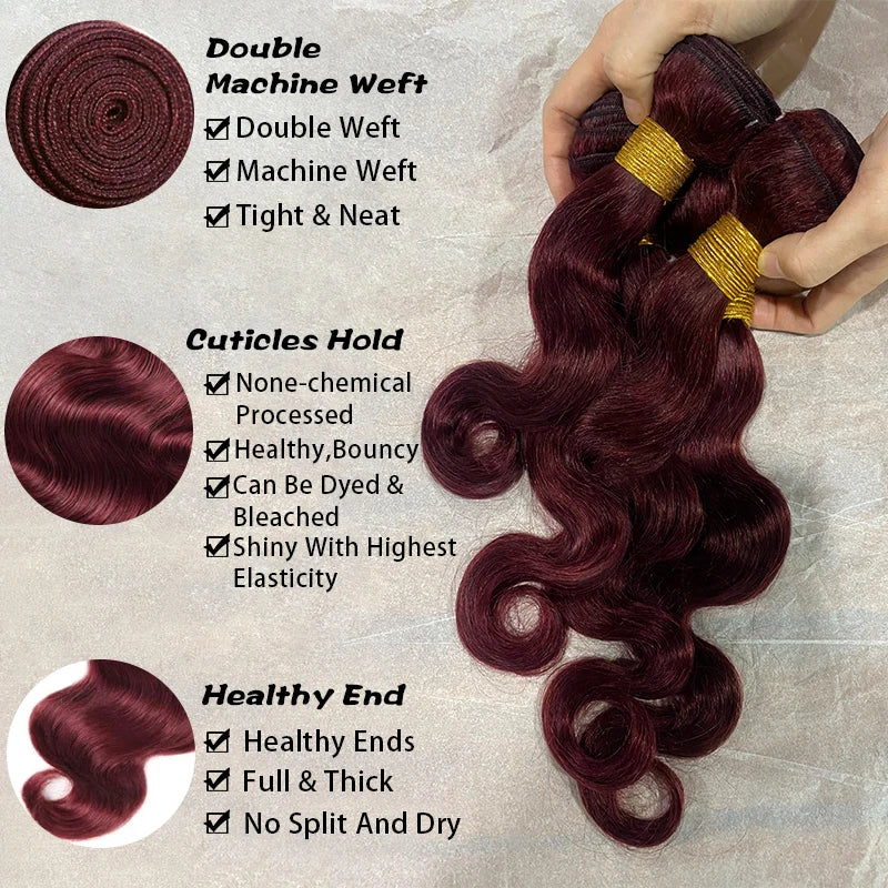 Burgundy Body Wave Bundles: 99j Wine Red 100% Unprocessed Human Hair (16A Grade Raw Hair)