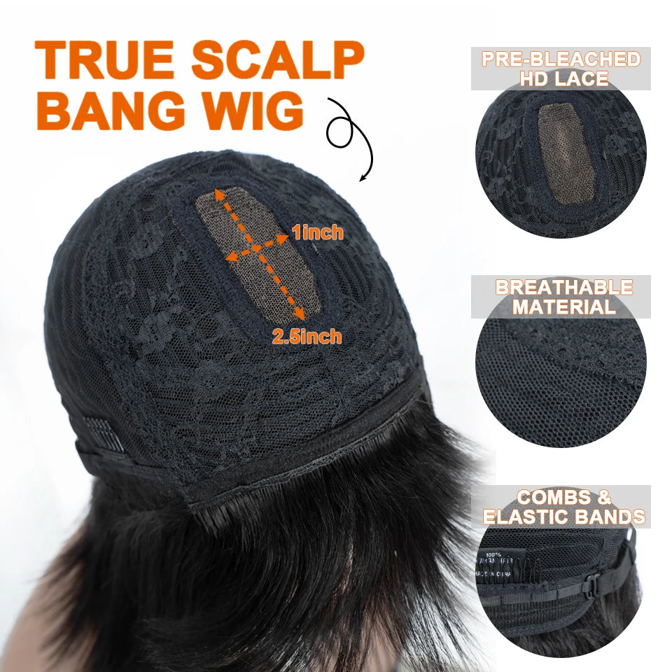 Brazilian Straight Human Hair Bob Wig with Bangs - Realistic Scalp Lace Frontal Fringe Wig