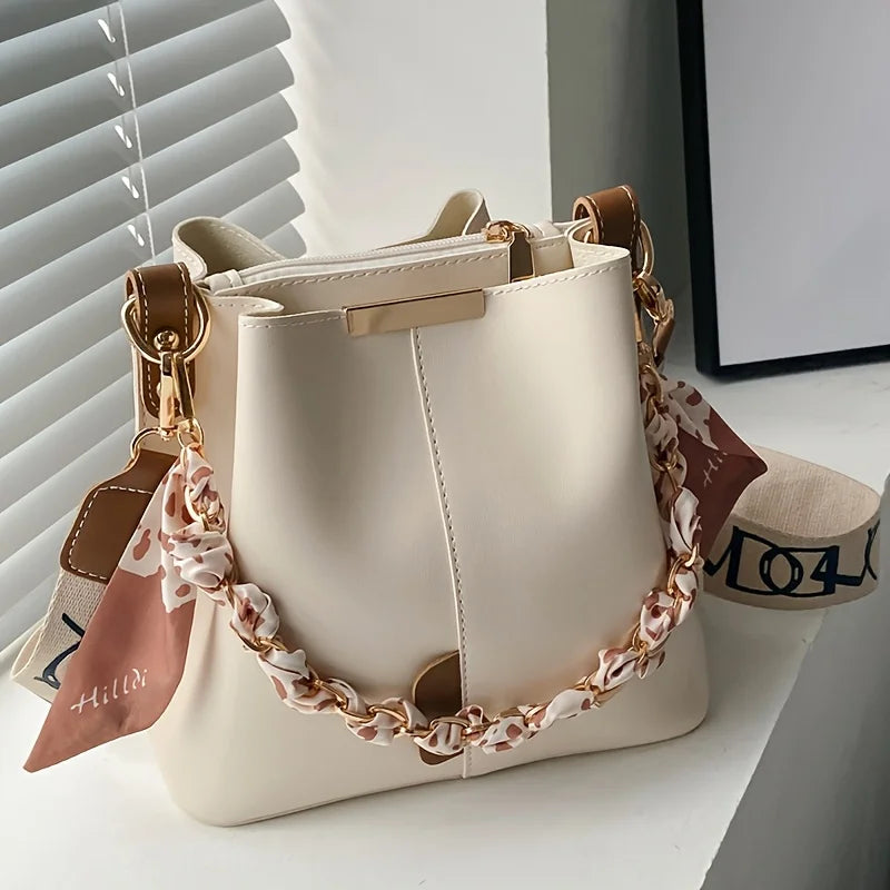 Elegant Ribbon Chain Bucket Bag – Spacious Shoulder & Crossbody Handbag