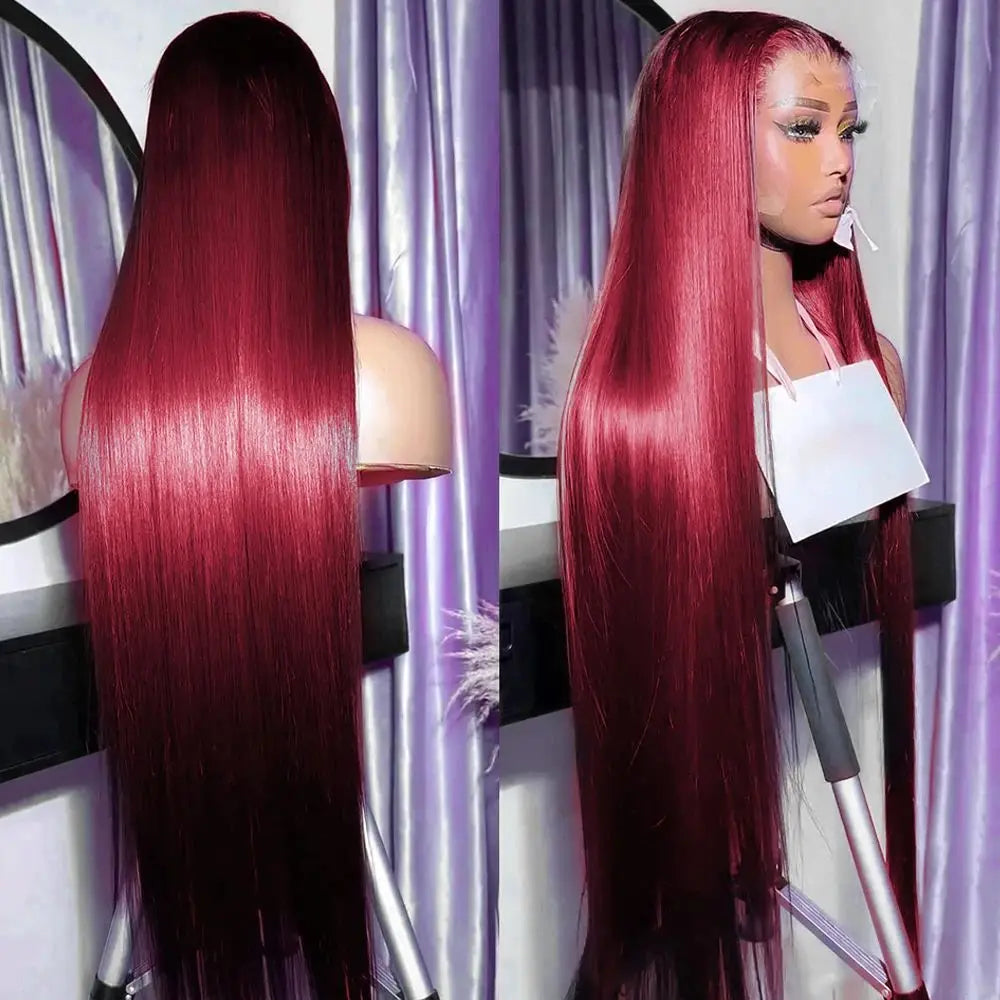 99J Burgundy 13x6 HD Lace Frontal Wig – 250% Density Brazilian Straight Human Hair (30-40")
