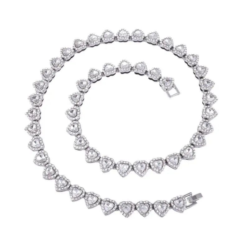 45cm CZ Heart Tennis Chain Set – Shiny Rhinestone Necklace & Bracelet Hip Hop Party Jewelry