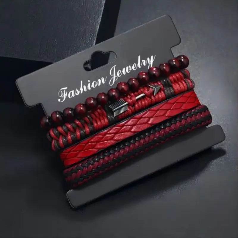Vintage Leather & Wooden Bead Bracelet for Men – Hand-Woven Retro Cupid's Arrow Charm