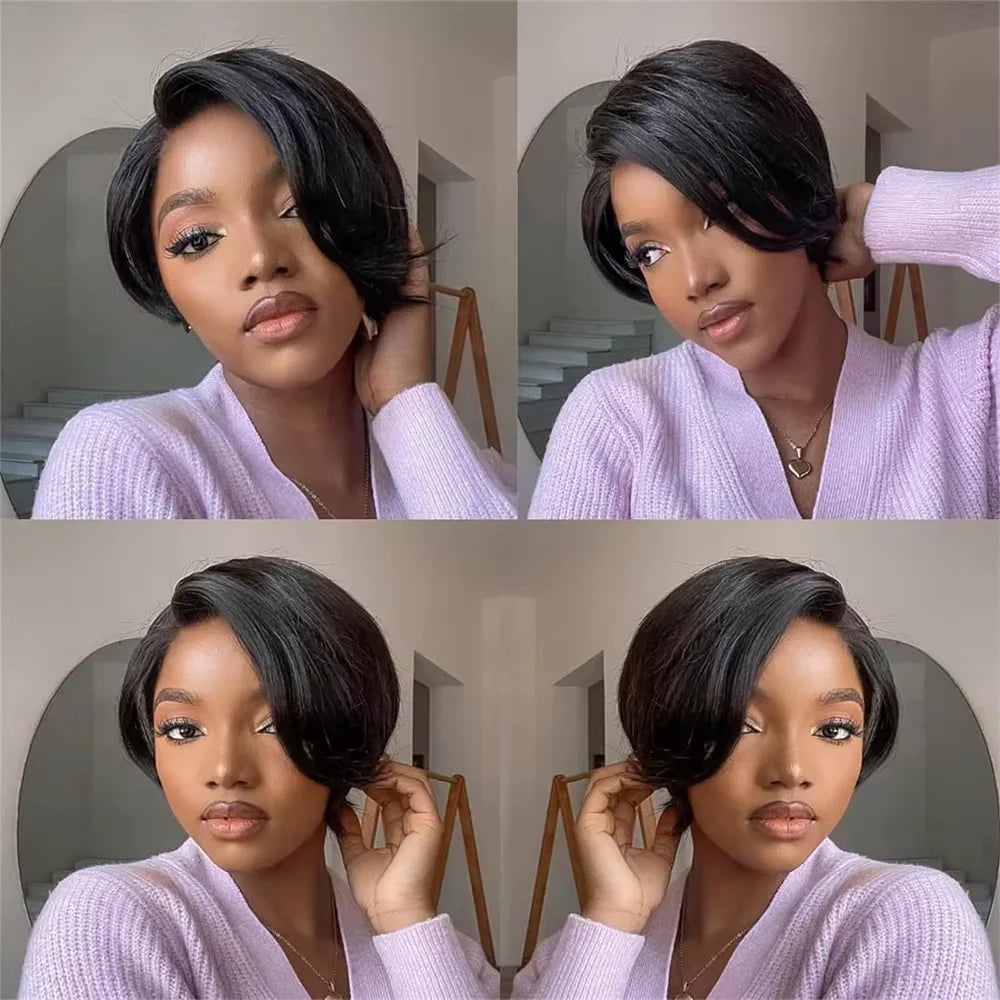 13x4 Transparent Lace Front Human Hair Wig – Pre-Plucked Straight Pixie Cut – Natural Black Glueless Wig