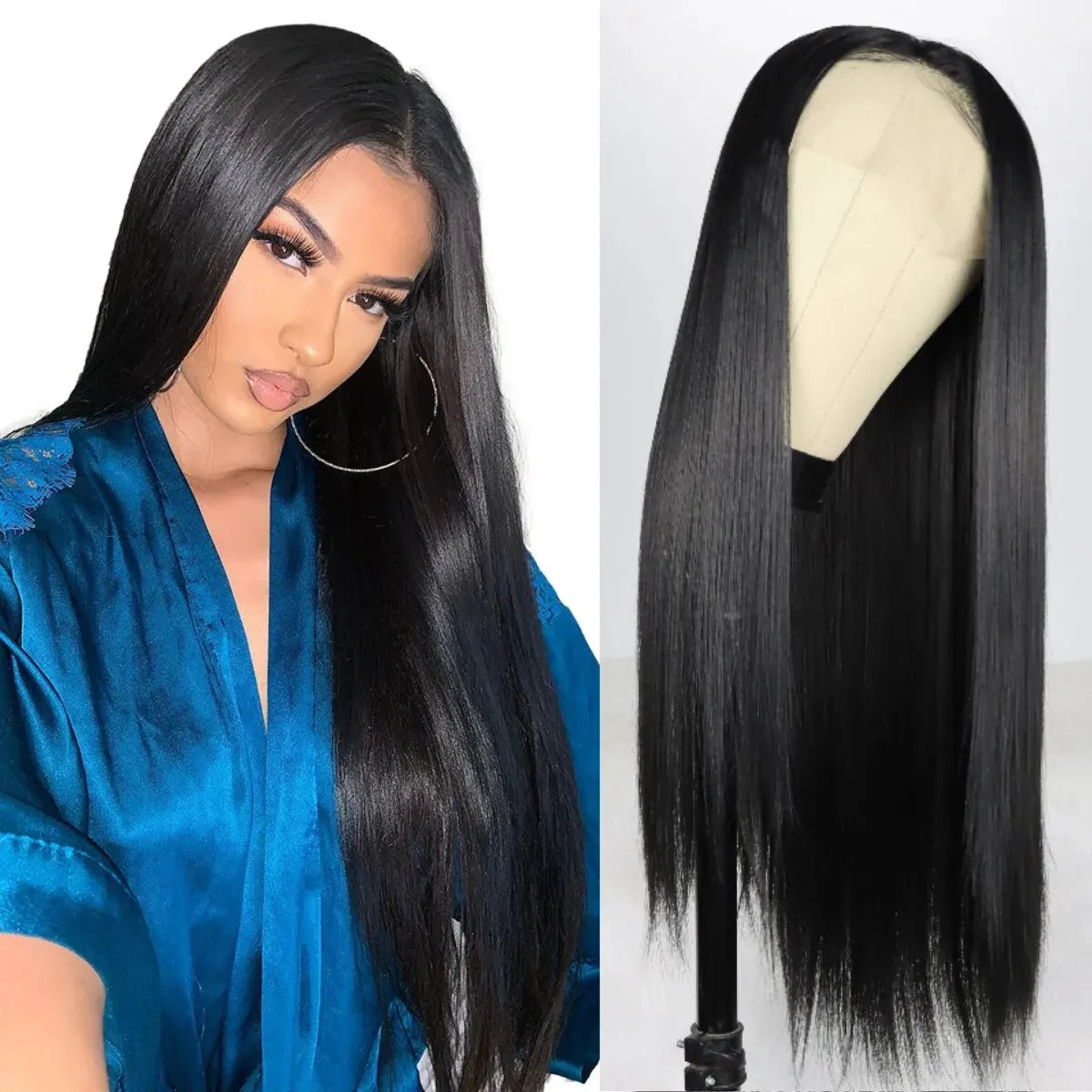 Long Straight Synthetic Lace Frontal Wig - 24” HD Lace, Heat Resistant Fiber, Natural Black