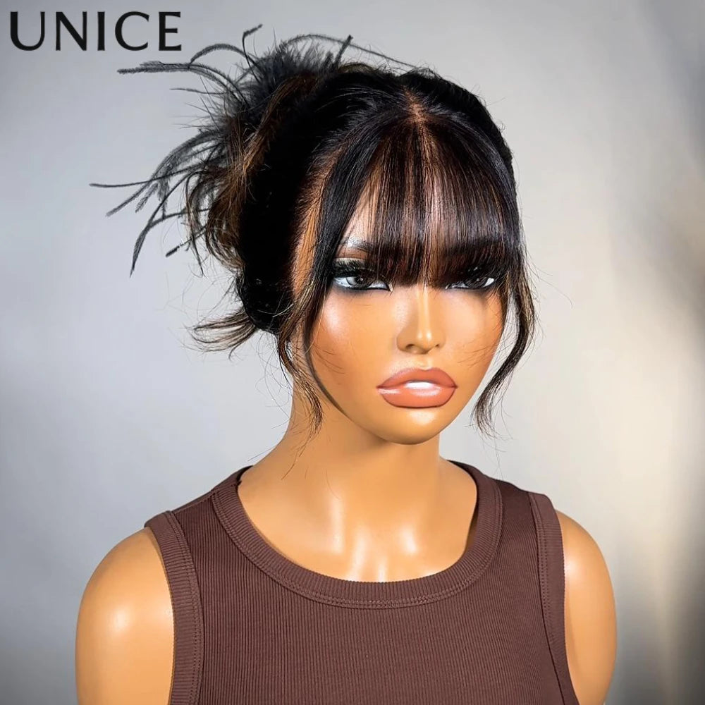 Balayage Highlight Loose Wave Human Hair Lace Frontal Wig with Curtain Bangs