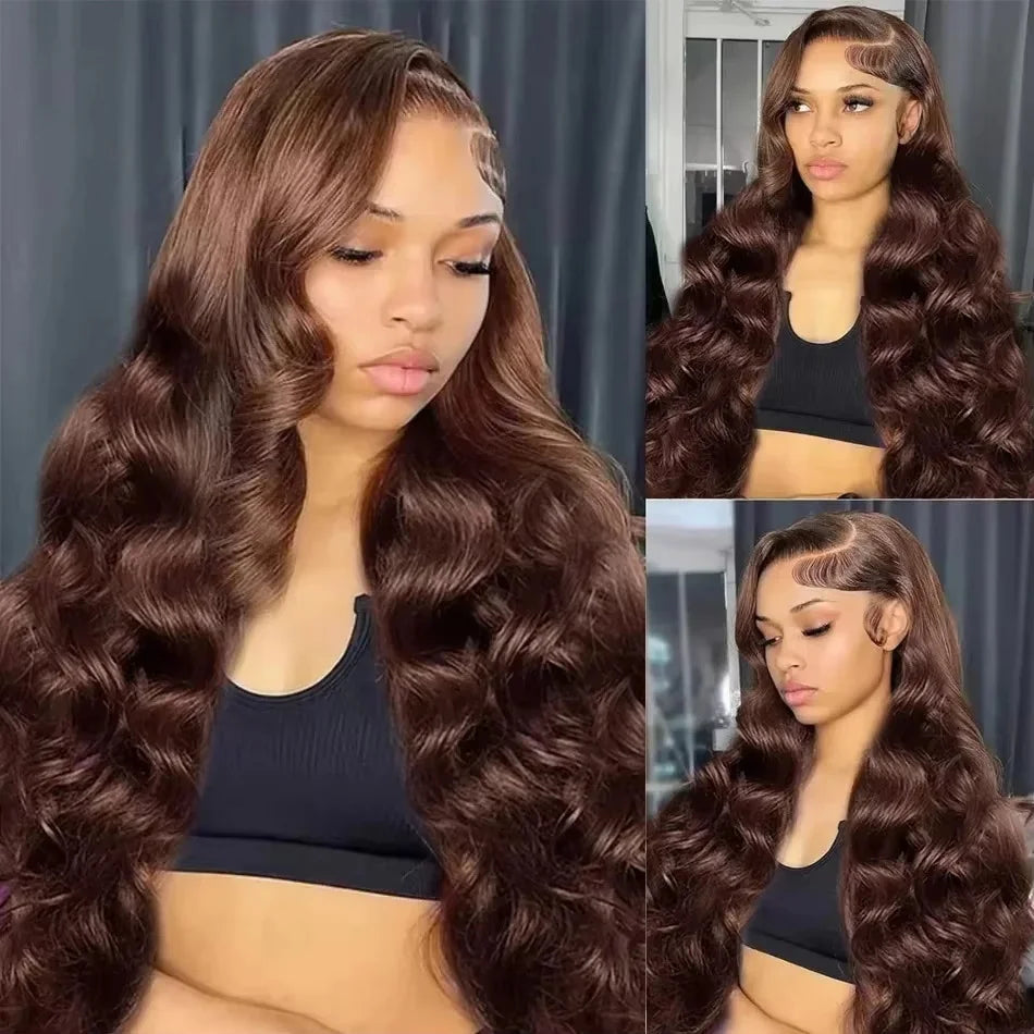 Wiglovie Chocolate Brown Body Wave HD Lace Frontal Wig - 30-40 Inch Brazilian Human Hair - 13x4 / 13x6 Pre-Plucked Hairline
