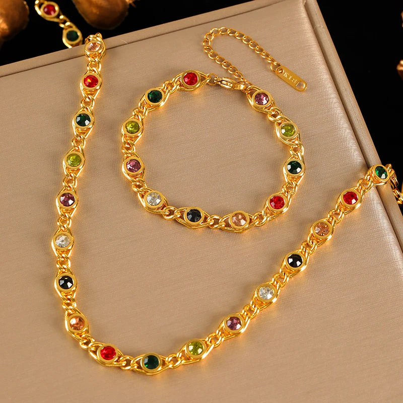 Elegant Stainless Steel Necklace & Bracelet Set with Colored Zircon