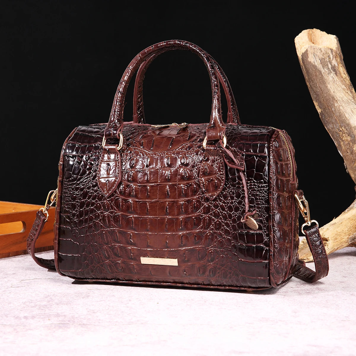 Ombre Crocodile Embossed Leather Boston Bag - Classic Satchel Handbag & Crossbody Purse for Women - Croc-Effect Top Handle Bag