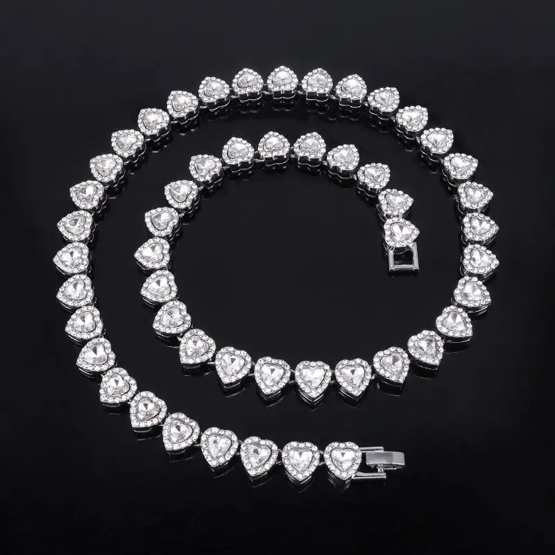 45cm CZ Heart Tennis Chain Set – Shiny Rhinestone Necklace & Bracelet Hip Hop Party Jewelry