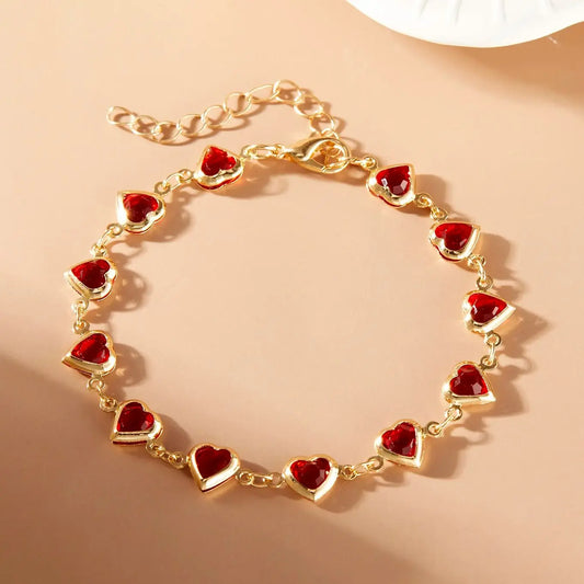 Elegant Ruby Red Crystal Heart Bracelet - Radiant Zircon Chain Jewelry