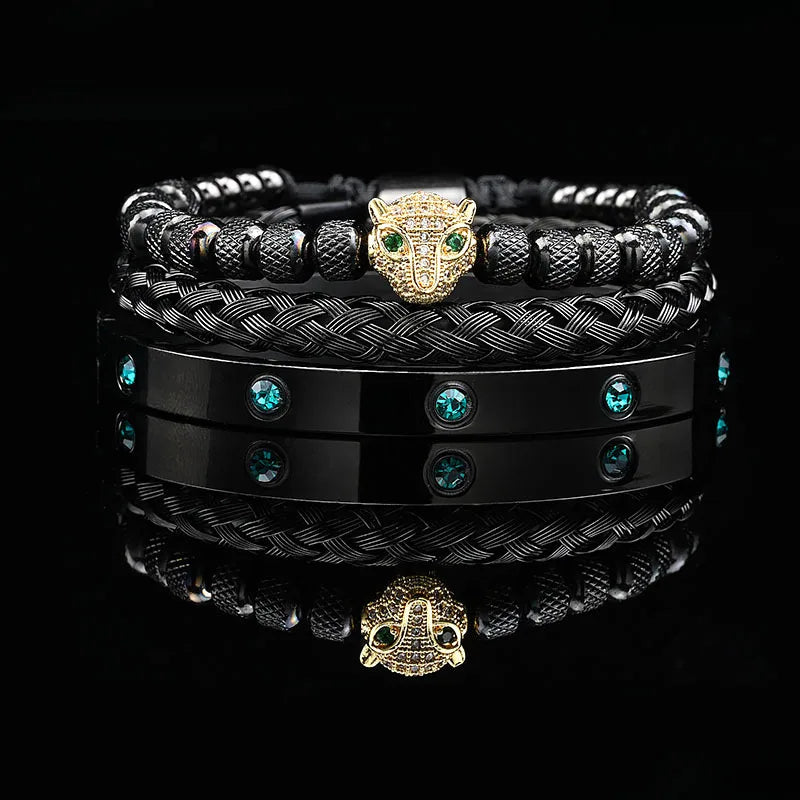 Leopard Head Black Stone Bead & Roman Bangle Jewelry Set