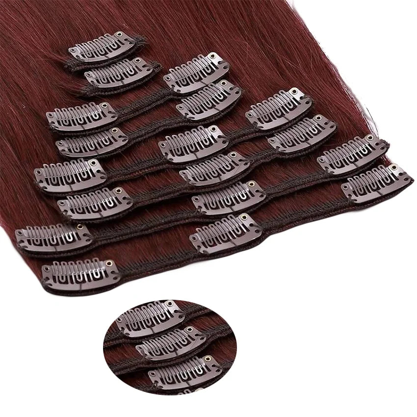 99J Burgundy Seamless Clip-in Human Hair Extensions | 7-Piece Brazilian Straight (120g)