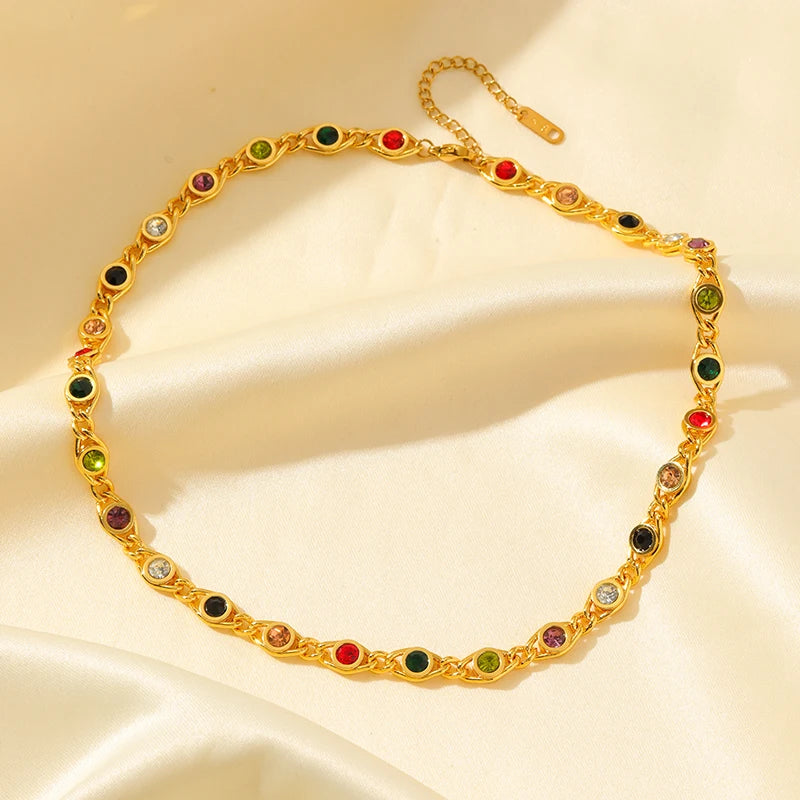 Elegant Stainless Steel Necklace & Bracelet Set with Colored Zircon