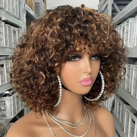 Debut Short Bob Cut Human Hair Wigs With Bangs Jerry Curly Highlight Honey Blonde