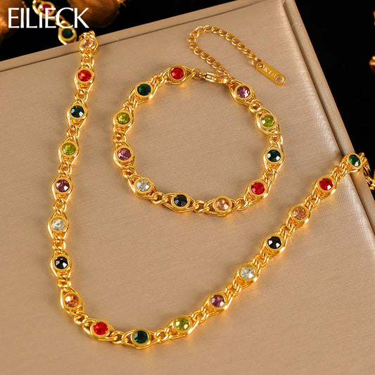 Elegant Stainless Steel Necklace & Bracelet Set with Colored Zircon