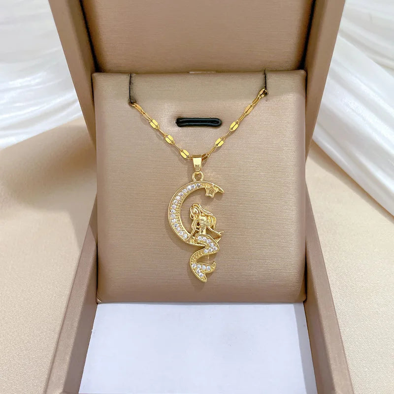 Mermaid Moon Celestial Necklace in Polished Stainless Steel – Tarnish-Free