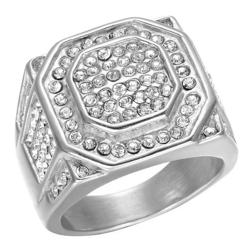 Iced Out Cubic Zirconia Ring – Hip Hop Bling Statement Ring for Men
