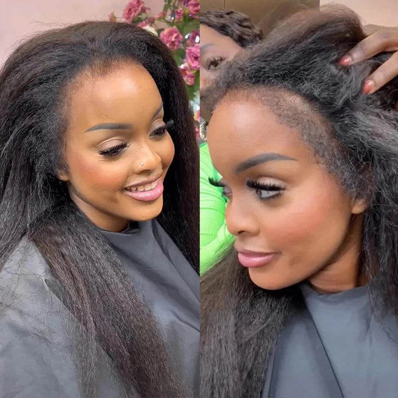 Glueless 4C Edges Yaki Kinky Straight Human Hair Wig | 13x5 HD Lace Frontal