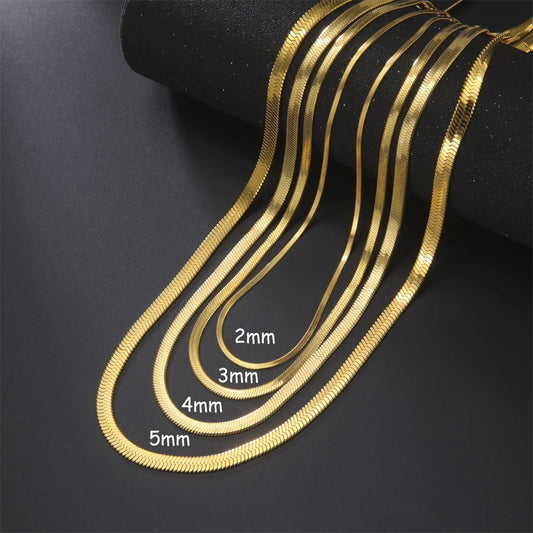 Gold Stainless Steel Flat Herringbone Chain Necklace – Unisex Snake Chain Choker Choker
