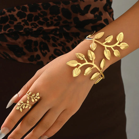 Sculpted 3D Leaf Hand Chain & Ring Set | Unisex Adjustable Harness Bracelet