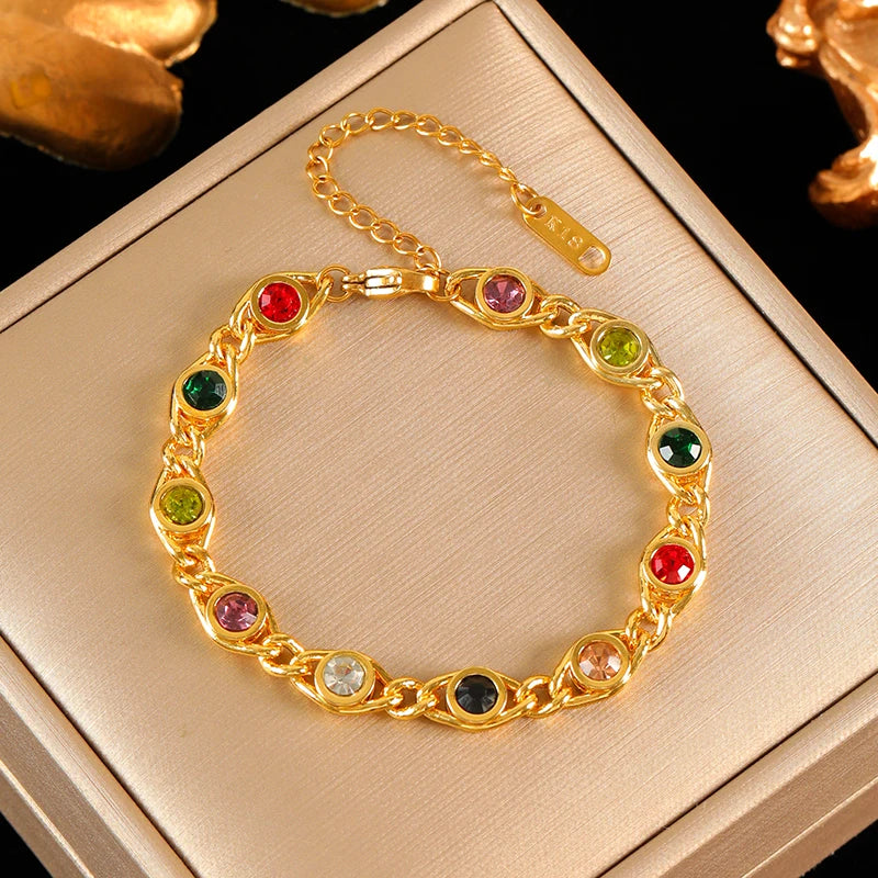 Elegant Stainless Steel Necklace & Bracelet Set with Colored Zircon