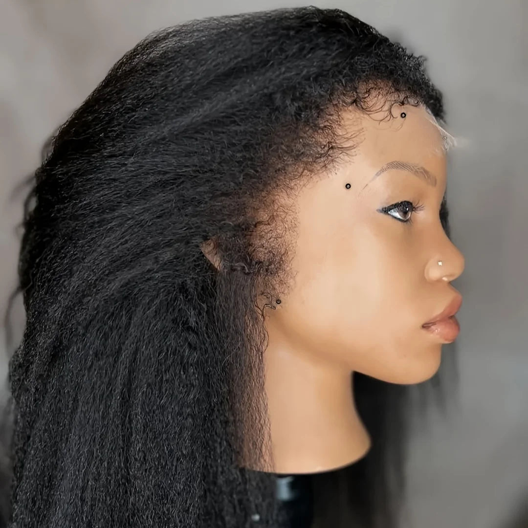 Natural Hairline Yaki Kinky Straight Wig - 26 inch Soft Black Synthetic Wig, 180% Density Pre-Plucked with Afro Baby Hair