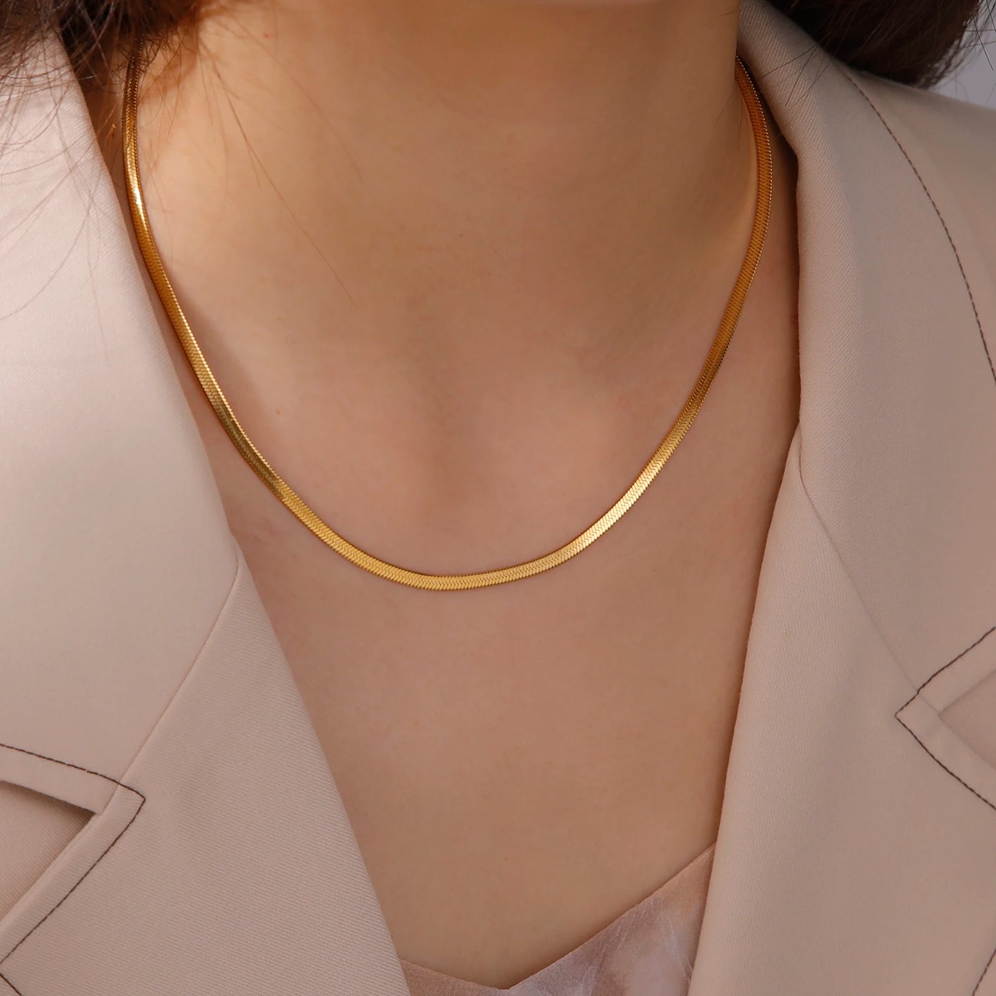 Gold Stainless Steel Flat Herringbone Chain Necklace – Unisex Snake Chain Choker Choker