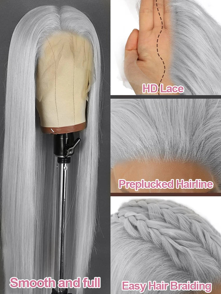 13x6 HD Lace Frontal Wig - 38-Inch Straight Silver Grey (220% Density) – 100% Vietnamese Human Hair
