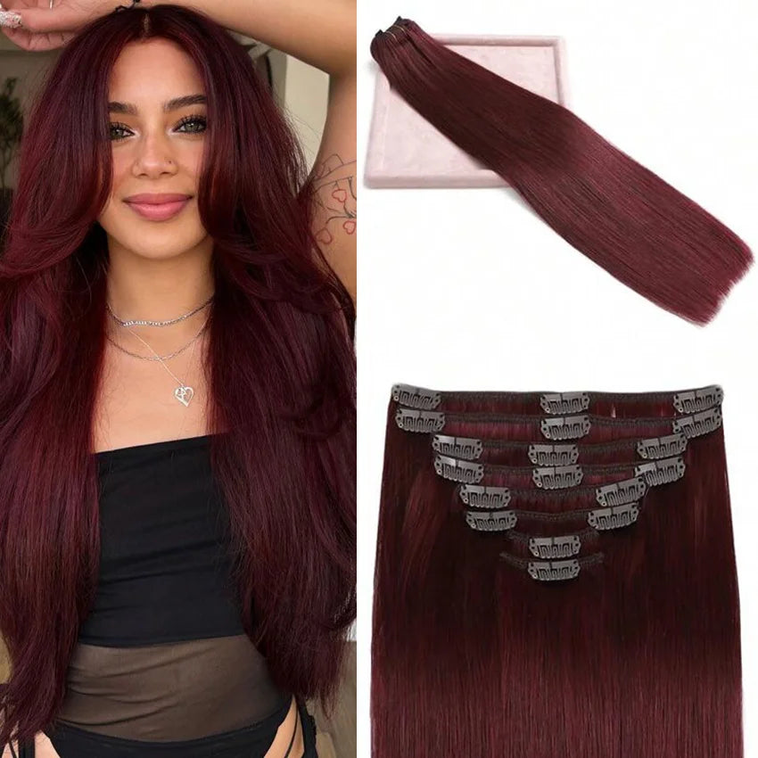 99J Burgundy Seamless Clip-in Human Hair Extensions | 7-Piece Brazilian Straight (120g)
