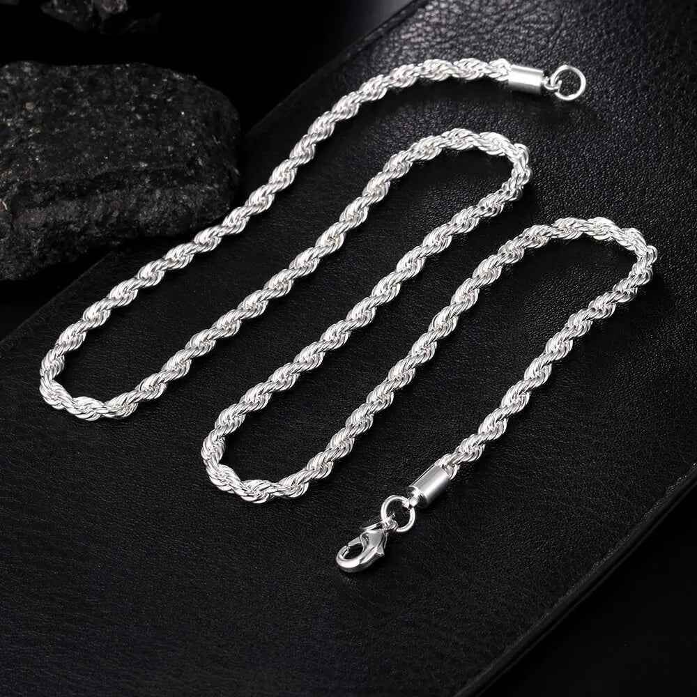 High-Quality Silver Twisted Rope Jewelry Set | 4mm Chain Necklace & Matching Bracelet