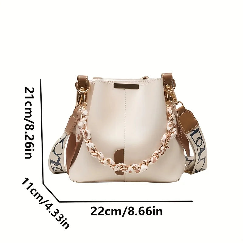 Large Capacity Bucket Shoulder Bag – Ribbon Chain Crossbody Bag for Daily Commuting