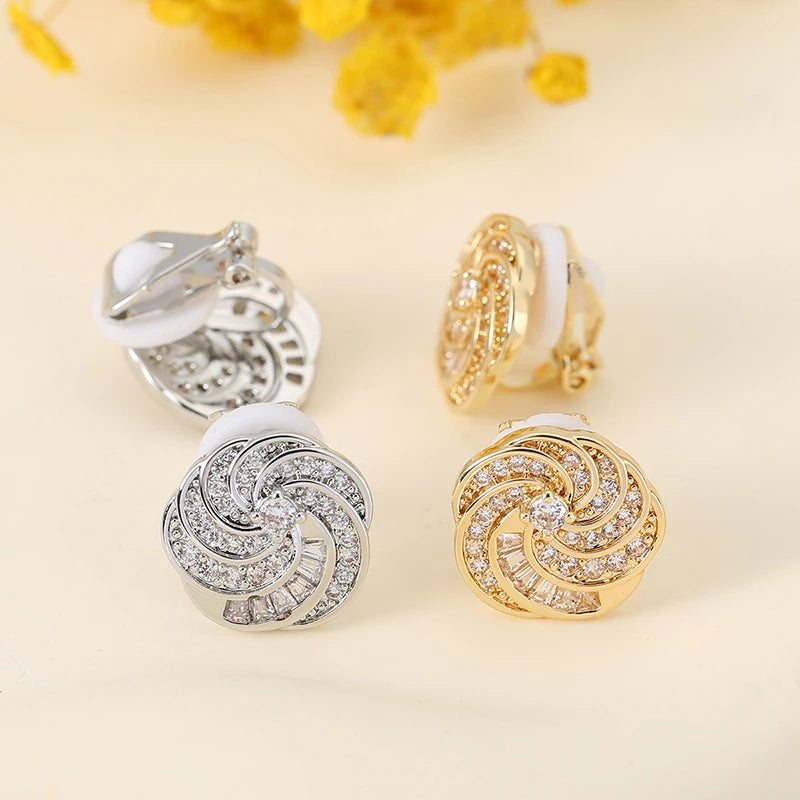 Gold Sunflower Zircon Clip-On Earrings for Women – Non-Piercing Rotating Floral Luxury Jewelry