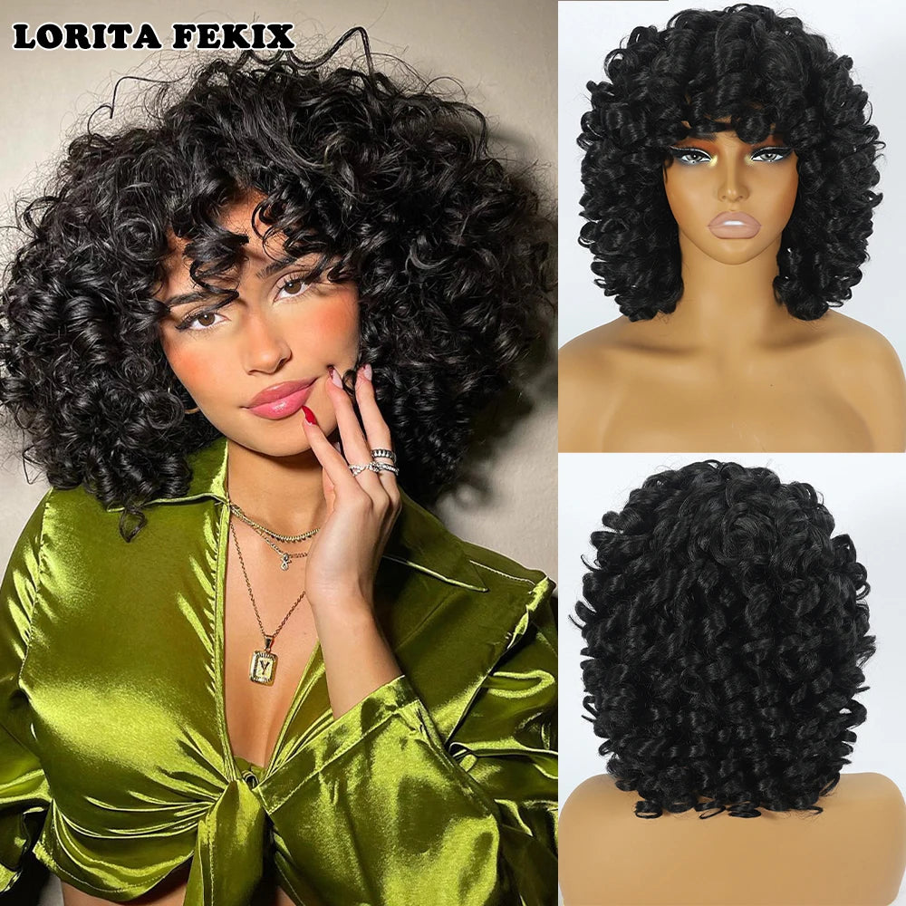 Beginner Friendly Glueless Red Curly Wig - Natural Look Short Afro Style with Bangs