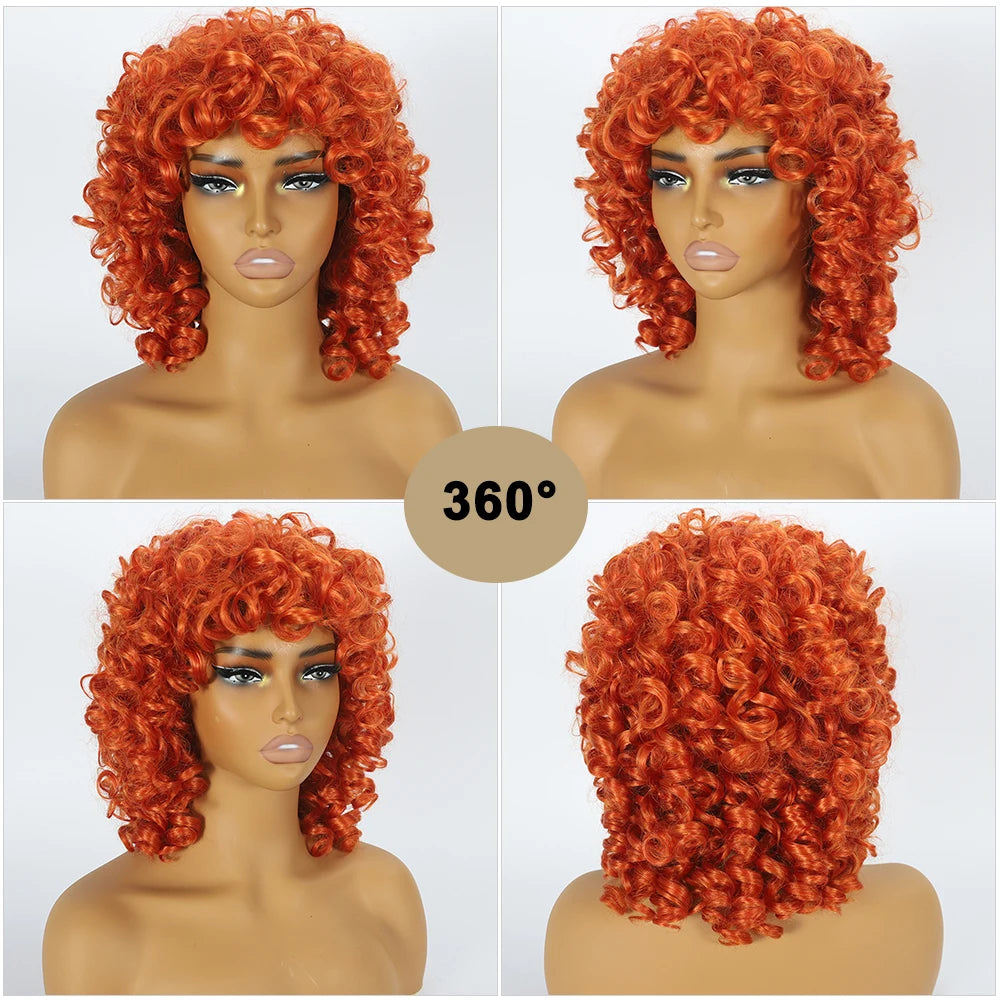 Beginner Friendly Glueless Red Curly Wig - Natural Look Short Afro Style with Bangs