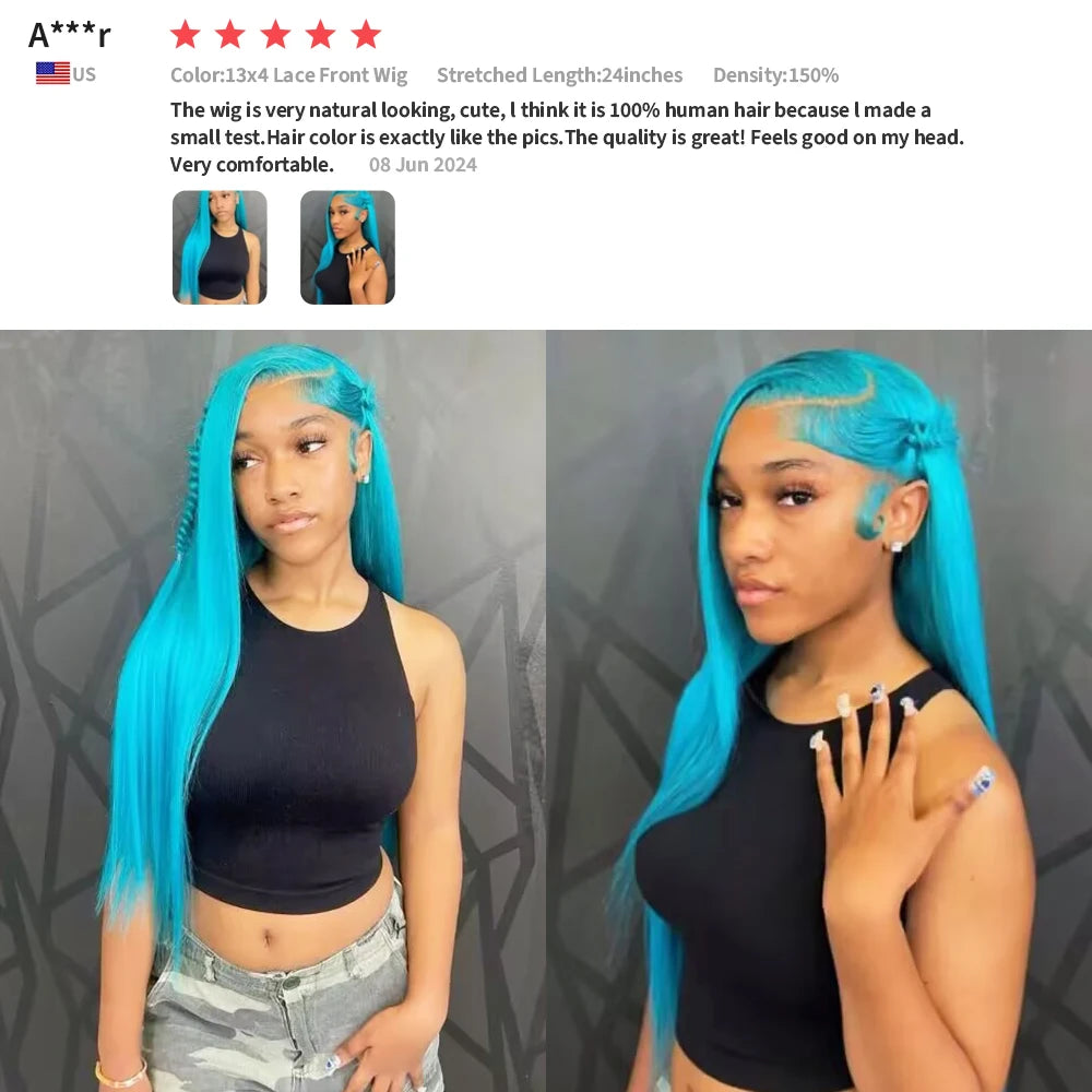 Electric Blue Straight 13x6 Transparent Lace Frontal Wig – 250% Density Brazilian Human Hair