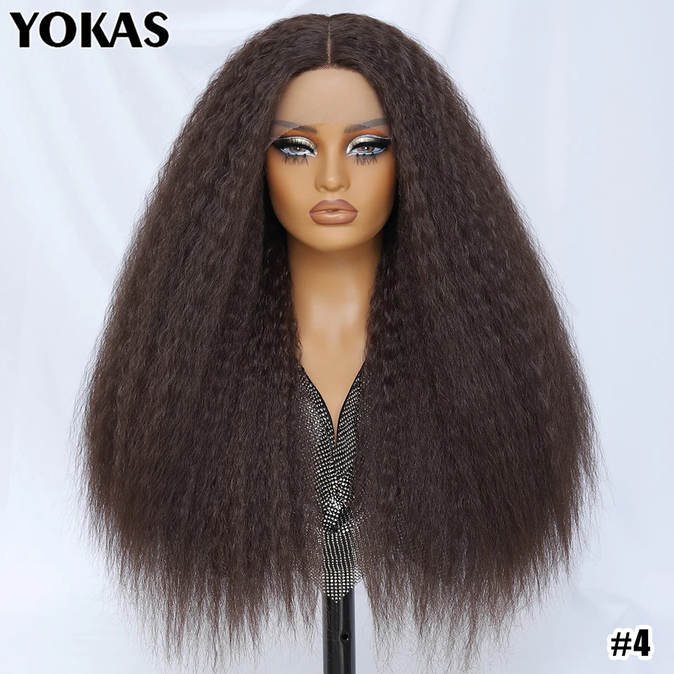 28-Inch Synthetic Kinky Straight T-Part Lace Wig | Heat Resistant Fiber