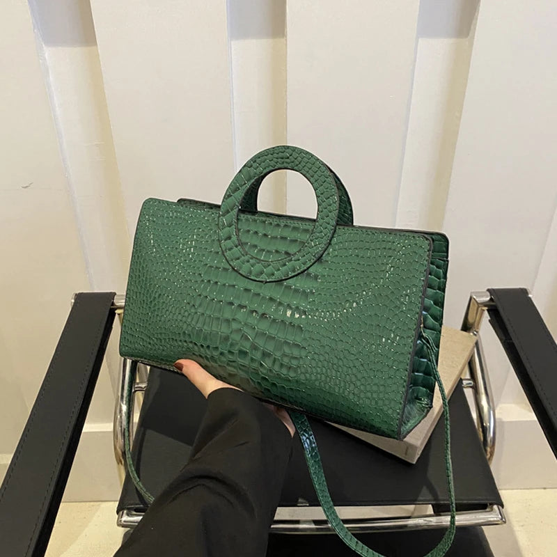 Designer Crocodile Print Square Bag - Luxury Green Leather Messenger & Crossbody Bag