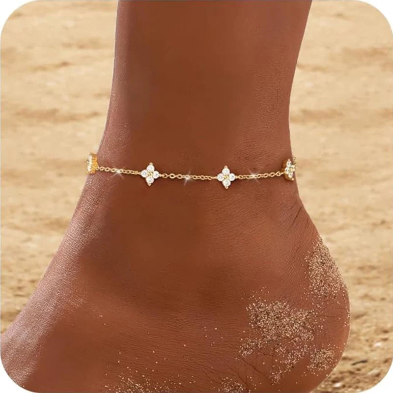Luxury 925 Sterling Silver Clover Anklet – Dainty CZ Crystal Lucky Flower Charm Foot Jewelry for Women
