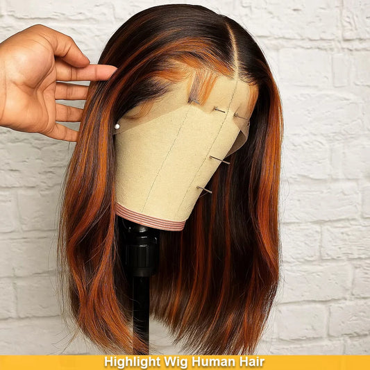 ✨ Luxury Highlight Straight Bob Wig – 200% Density Human Hair, Glueless Pre-Cut 13x4 Lace Front Wig