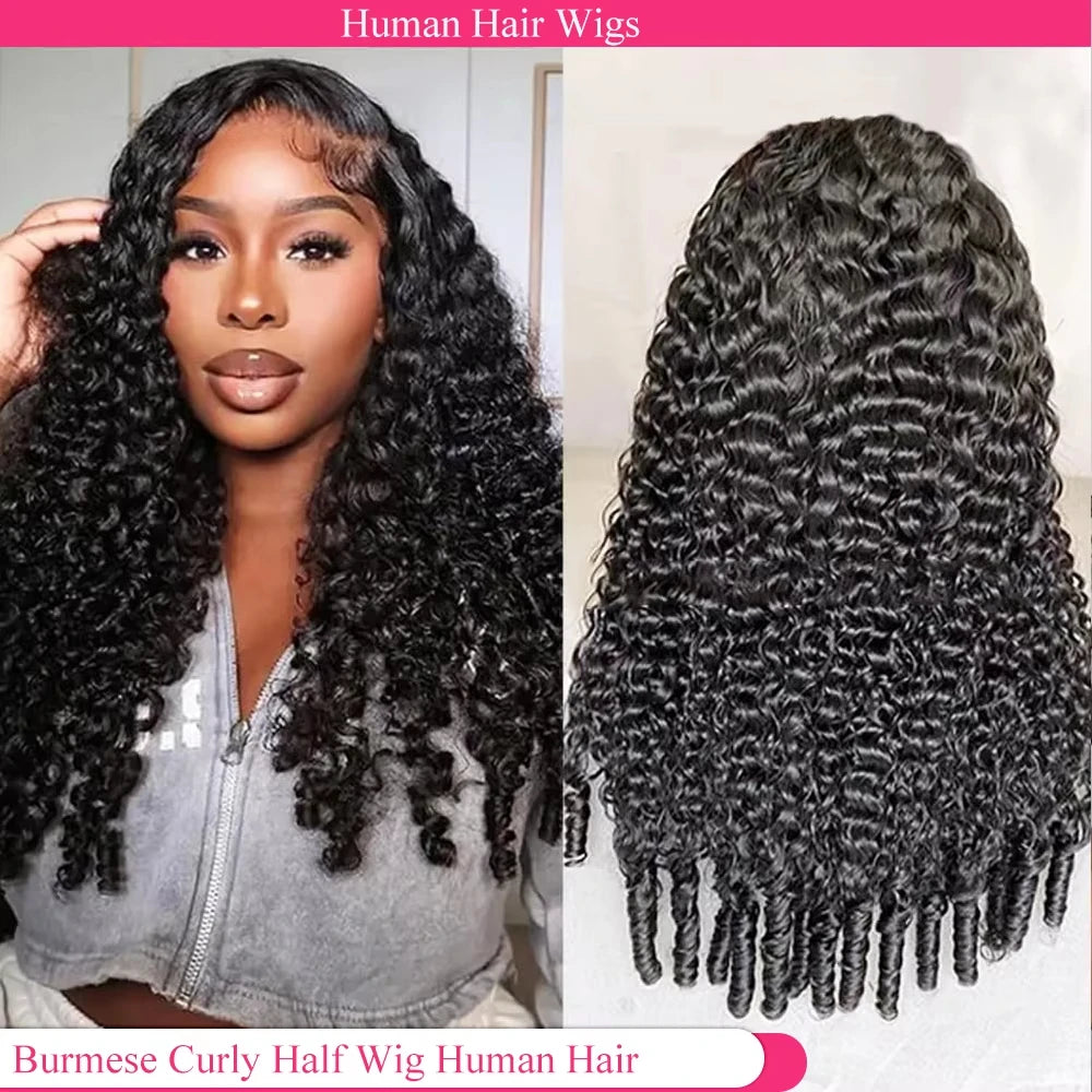 Half Wig Glueless Burmese Pixi Curly 100% Human Remy Hair Seamless Flip Over Half Wig Full Machine Made Drawstring Headband Wig