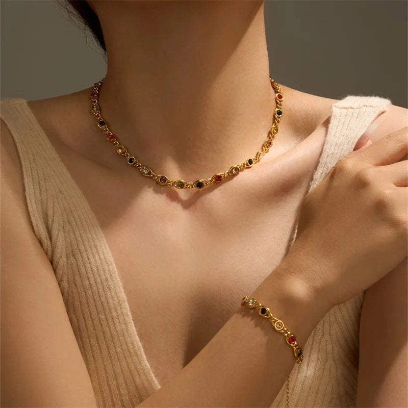 Elegant Stainless Steel Necklace & Bracelet Set with Colored Zircon