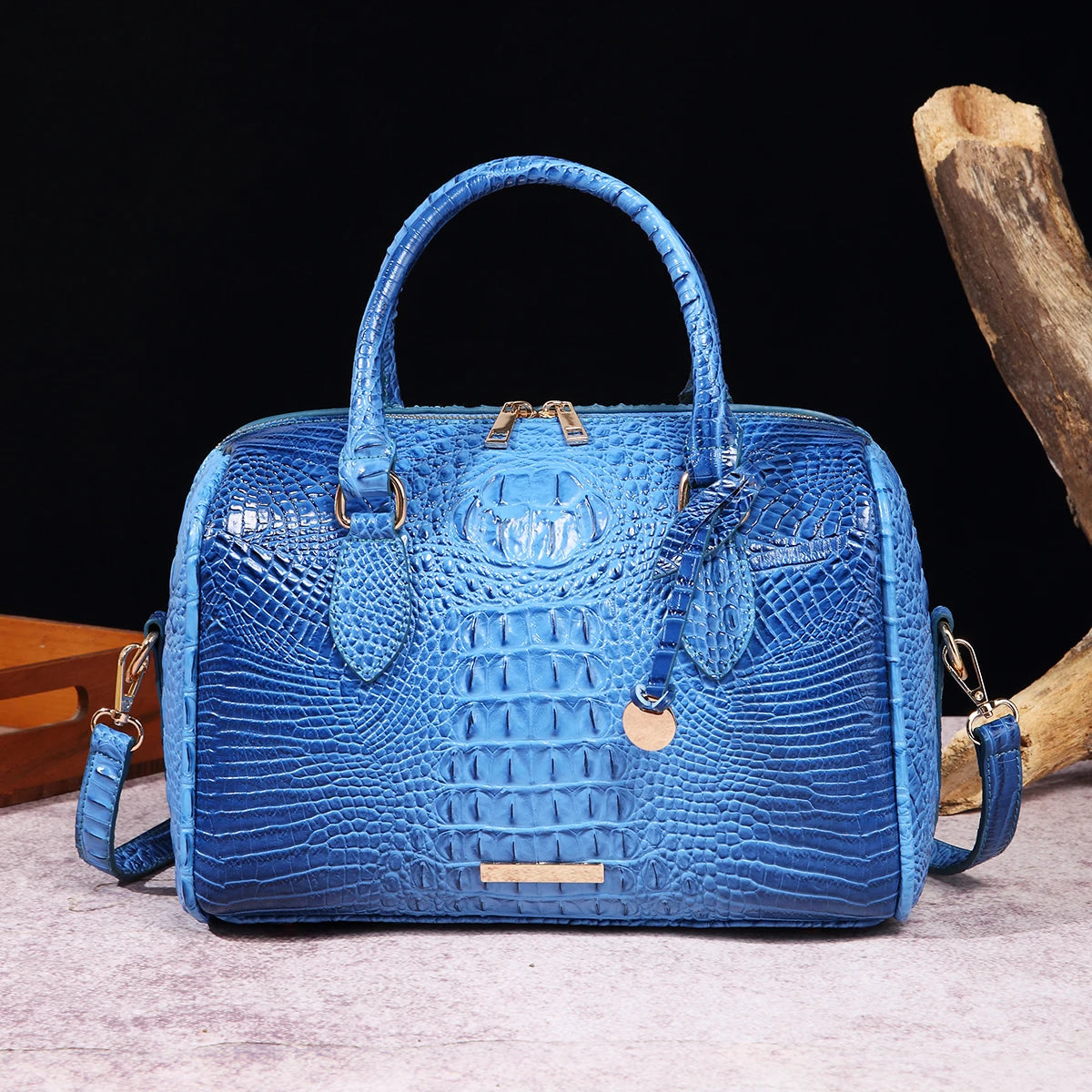 Ombre Crocodile Embossed Leather Boston Bag - Classic Satchel Handbag & Crossbody Purse for Women - Croc-Effect Top Handle Bag