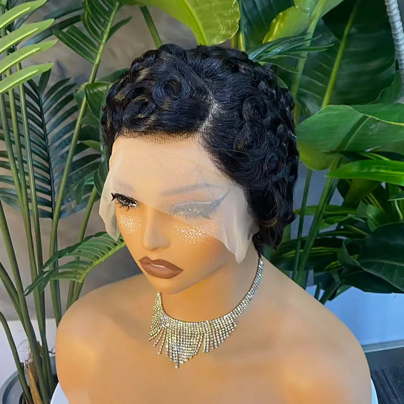 Short Curly Pixie Human Hair Wig: Glueless Brazilian Virgin Hair (Natural Black)