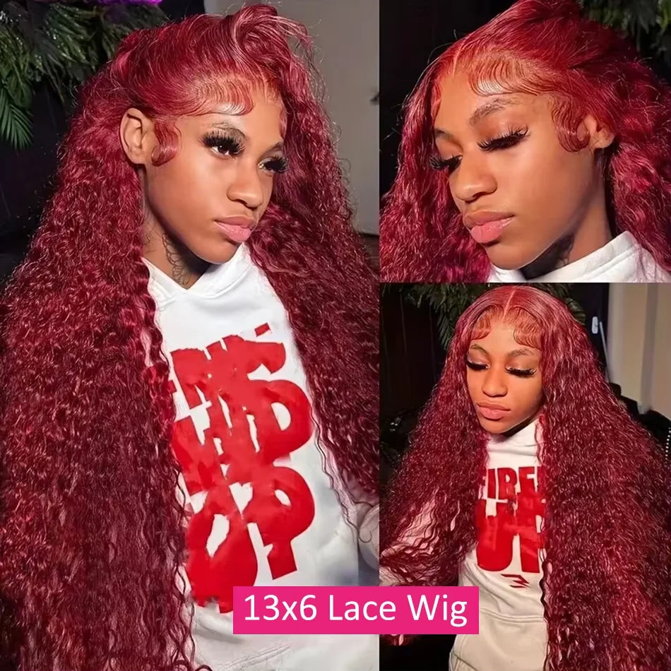 99J Burgundy Deep Wave Curly Wig – 13x6 HD Lace Frontal, Brazilian Human Hair, Pre-Plucked & Natural Hairline (30–36”)
