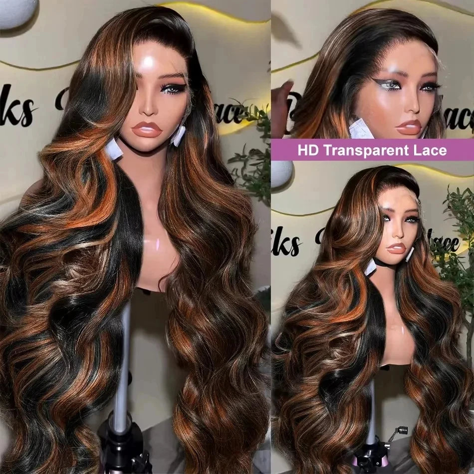 HD Lace Frontal Wig: 30" Body Wave Human Hair with Brown Highlights (220% Density)