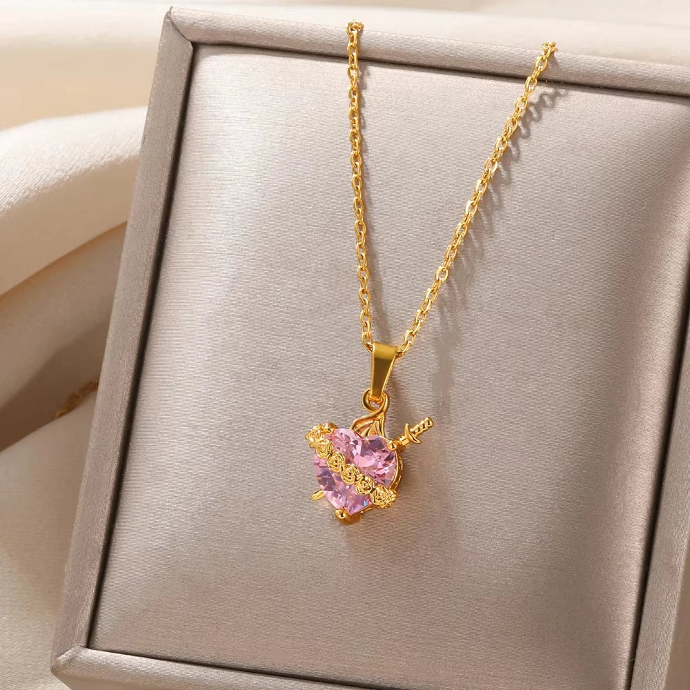 Gold Stainless Steel Cupid's Arrow Pendant – Pink Heart Zircon Necklace