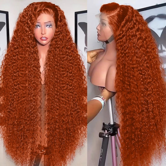 Ultra-Thick 260% Density Water Wave Ginger Orange HD Lace Wig - 34” Deep Curly Human Hair Frontal Wig - Undetectable 13x4 or 13x6 Lace