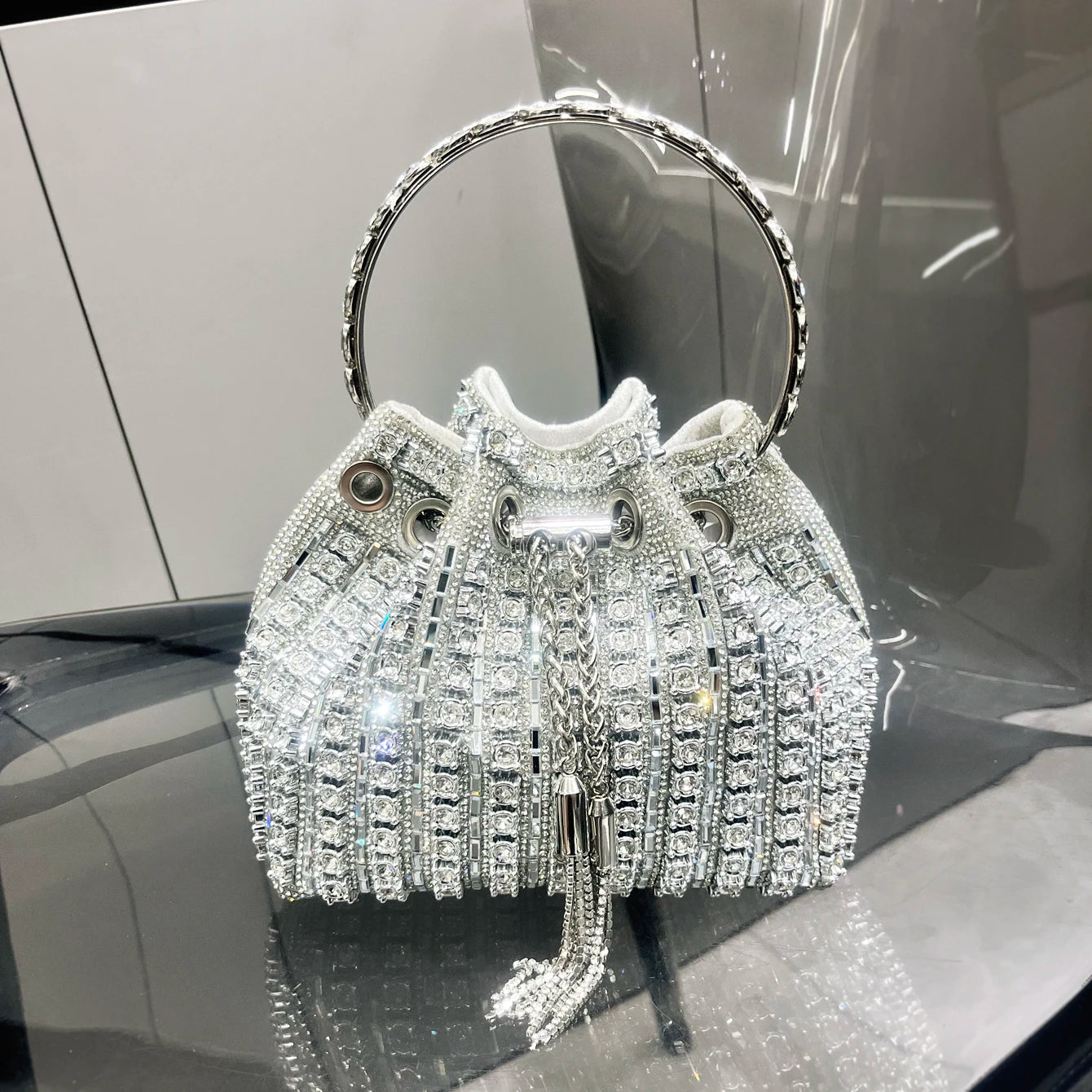 Luxury Crystal Rhinestone Bucket Bag - Elegant Evening Clutch & Shoulder Purse